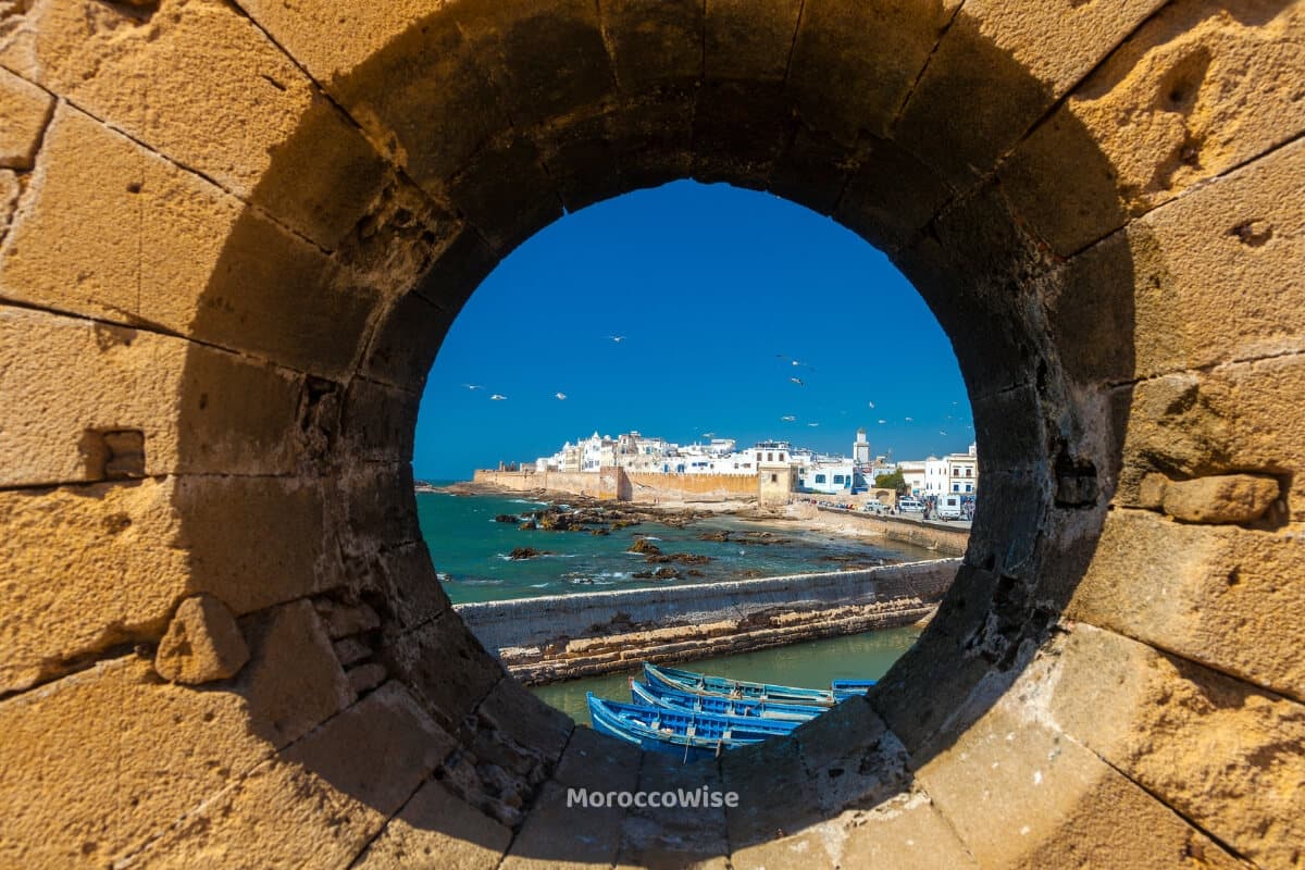 Blue fishing boats gathered in Essaouira's harbor