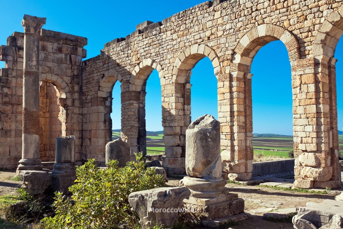 Roman columns and archaeological remains at Volubilis near Meknes