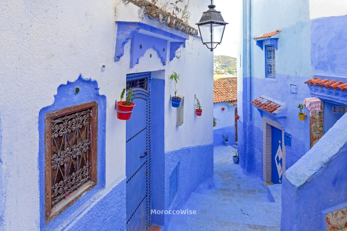 Blue and white architectural details in the old town of Chefchaouen