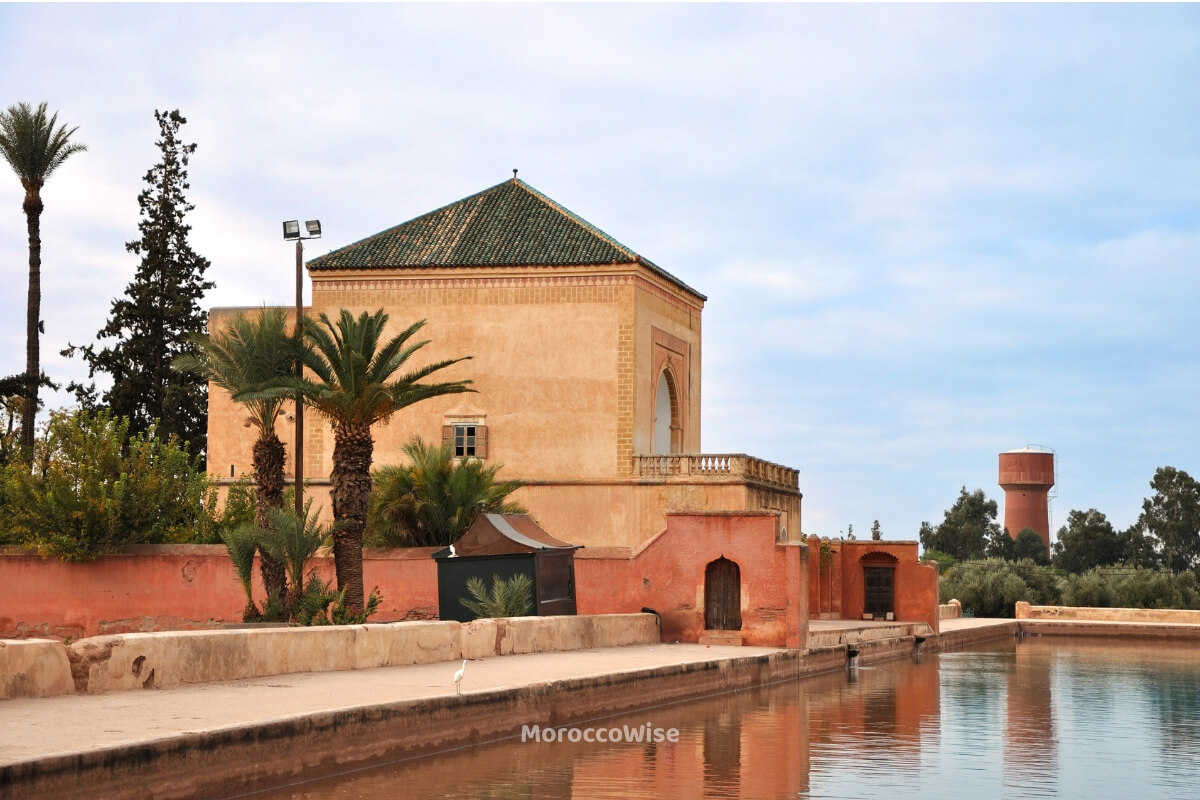 The Menara basin, pavilion, and distant Atlas Mountains