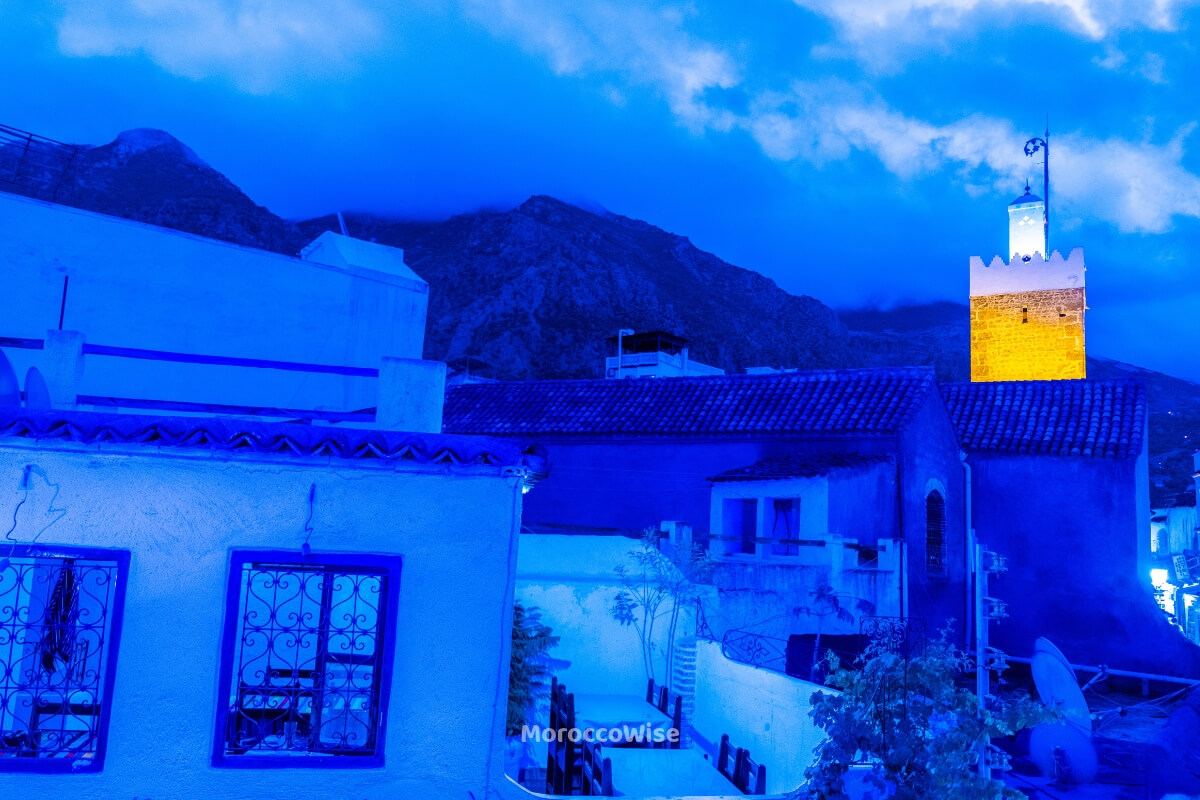 The white Spanish Mosque on a hill above Chefchaouen