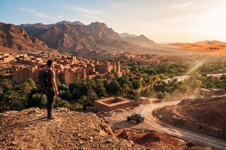 Ultimate 10-Day Morocco Itinerary: An independent traveler looking at a traditional Kasbah and the Sahara desert.